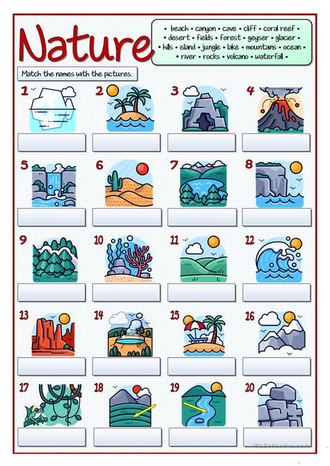 NATURE - GEOGRAPGICAL FEATURES - English ESL Worksheets for distance learning and physical classrooms Nature Vocabulary English, Geographical Features Worksheet, Geography For Preschoolers, Nature Worksheets, Nature Vocabulary, Nature Worksheet, English Games For Kids, Nature Lessons, Nature Places