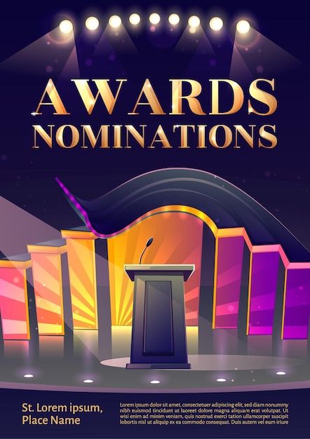 Free vector award nominations poster | Free Vector #Freepik #freevector #conference-stage #event-stage #auditorium #movie-star Red Carpet Awards, Confetti Background, Ceremony Design, Stage Backdrop, Sports Awards, Cartoon Posters, Islamic Posters, Event Poster, Place Names