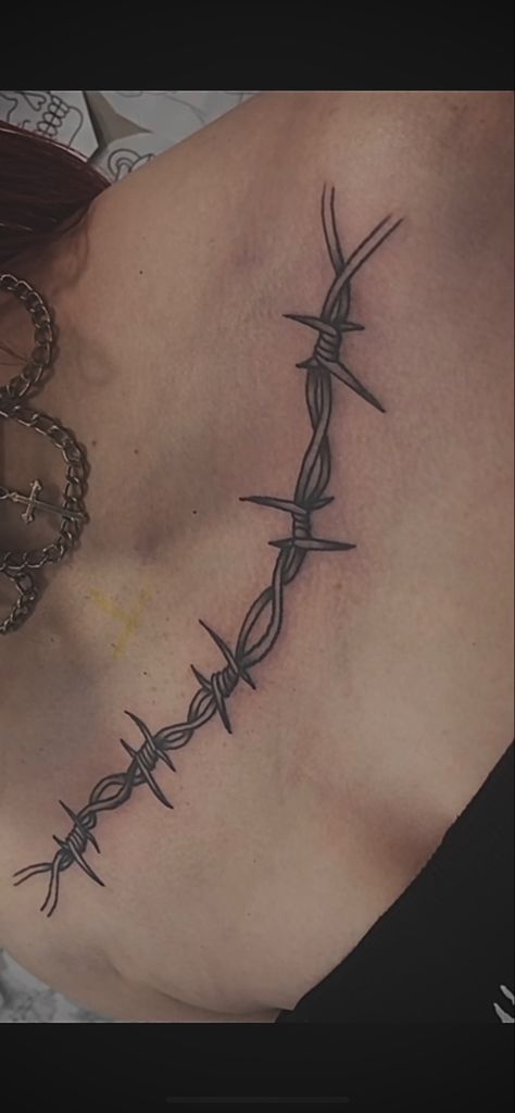 Barb Wire Chest Tattoo, Barbed Wire Garter Tattoo, Barb Wire Tattoo Around Leg, Barbed Wire Collarbone Tattoo, Collarbone Tattoo Grunge, Barb Wire Collar Bone Tattoo, Barbwire Collar Bone Tattoo, Barbwire Tattoo Thigh, Edgy Collar Bone Tattoo