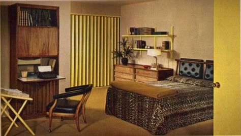 1965-bedroom - love the shelf unit with open shelves, cabinets and pull down desk top. 60s Aesthetic Bedroom, 60s Bedroom Ideas, Bedroom 60s, 1960s Bedroom Decor, Master Curtains, 1960s Bedroom, 60s Bedroom, 1960s Interior, 60s Interior