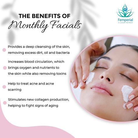 Have you ever wondered about the benefits of consistent facials? Here are few benefits of it To know more contact us on : +91 8079654750 / +91 7780685549 OR Book an appointment with us on Facebook https://www.facebook.com/femperiasalonandspa #facial #facialbenefits #antiaging #dryskin #oilyskin #facialtreatment #skincaretips #skincareroutine #selfcare #selflove #acnetreatent Benefit Of Facials, Facial Benefits Quotes, Benefits Of A Back Facial, Book Your Facial Appointment Quotes, Benefits Of Facial Massage, Benefits Of Hair Spa, Monthly Facial Benefits, Benefits Of Dermaplaning Facial, Facial Quotes Spa