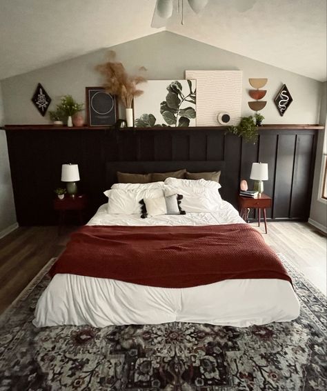 Board And Batten Wall Bedroom With Shelf, Black Bedroom Board And Batten Wall, Bedroom With An Accent Wall, Accent Wall Shelf Bedroom, Black Metal Bed Frame Accent Wall, Accent Half Wall Bedroom, Wall Accent Headboard, Moody Bedroom White Bedding, Accent Wall Shelving