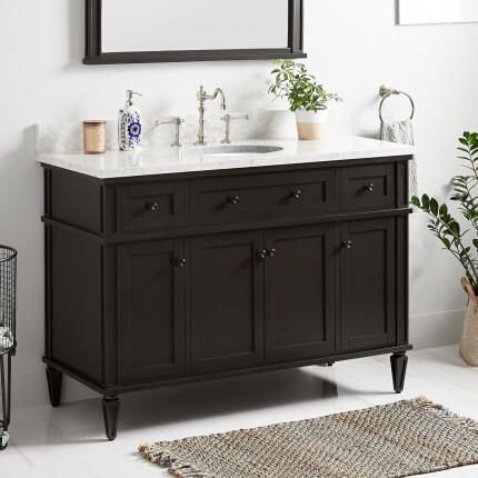 48" Single Sink Vanities | Signature Hardware Semi Recessed Sink, Teak Vanity, Cabinet Vanity, Vessel Sink Vanity, Mahogany Cabinets, Black Vanity Bathroom, Cabinet Options, Traditional Bathroom Vanity, Vanity Basin