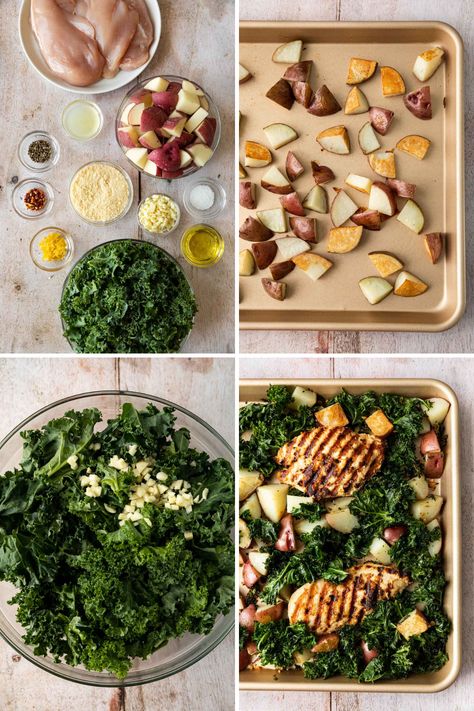 Sheet Pan Roasted Garlic Chicken with Kale and Potatoes is an easy grilled chicken topped off with kale, potato, parmesan, and zesty lemon. Kale And Potatoes Recipes, Chicken And Kale Recipes, Kale And Potatoes, Potato Parmesan, Kale Potato, Chicken Kale, Roasted Garlic Chicken, Easy Grilled Chicken, Potato Vegetable