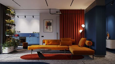 Creating Daring Decor With Contrasting Colour Schemes Hang Curtains, Orange Curtains, Living Room Red, Casa Container, Curtains Living, Lounge Design, Beautiful Curtains, Velvet Curtains, Colorful Curtains