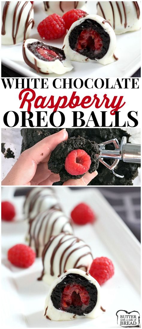 White Chocolate Raspberry Oreo Balls are a delicious no-bake treat made with Oreo cookies, cream cheese and a raspberry in the middle! The Oreo Balls are dipped in a white chocolate candy coating and coated with a chocolate drizzle. #oreoballs #oreos #raspberry #truffles #yummy BUTTER WITH A SIDE OF BREAD Oreo Ball, Raspberry Truffles, Cookies Cream Cheese, Truffles Recipes, Oreo Balls Recipe, Xmas Goodies, White Chocolate Candy, Oreo Balls, Cookies Cream