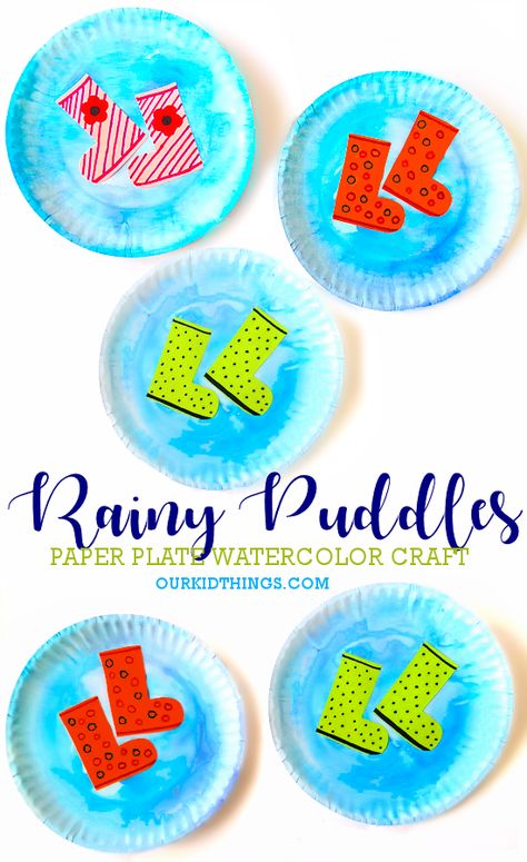 Paper Plate Watercolor Puddle Craft Rainboot Craft Preschool, Raincoat Craft For Preschool, April Showers Bring May Flowers Crafts For Toddlers, Toddler Umbrella Craft, Puddle Craft Preschool, Spring Umbrella Craft, April Shower Crafts For Kids, Umbrella Craft For Toddlers, April Showers Toddler Crafts