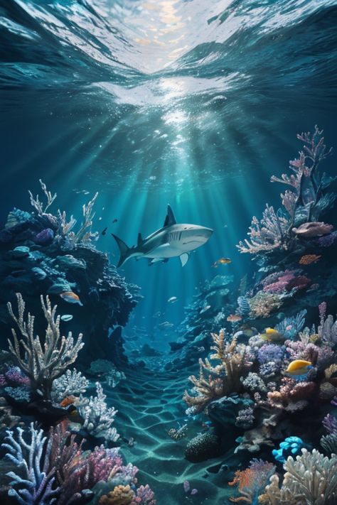 Shark In Coral Reef, Under Water Coral Reef, Coral Reefs Drawing, Aesthetic Coral Reef, Under The Ocean Painting, Coral Reef Aesthetic, Under Water Art, Aquarium Painting, Under Water Photography