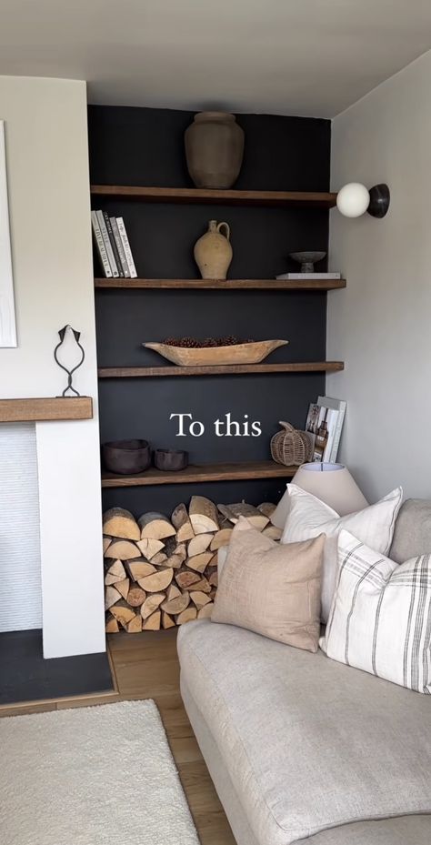 How To Style Alcove Shelves, Panelling Small Living Room, Lounge Chimney Breast Ideas, Black Alcoves Living Room, Alcove Paint Ideas, Small Living Room Fireplace Ideas, Lounge Alcove Ideas, Alcove Shelving Living Room, Dark Cosy Living Room