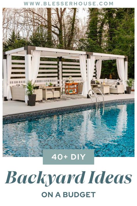 Revamp your backyard affordably with these DIY ideas to enhance patios, pools, decks, sheds, landscaping, and back porches, transforming them into a serene outdoor oasis. Diy Cabana Ideas Backyards, Diy Pool Cabana, Cabana Ideas Backyard, Pool Shed Ideas, Pool Area Decorating Ideas, Diy Cabana, Pool Cabana Ideas, Pool Deck Furniture, Diy Backyard Ideas