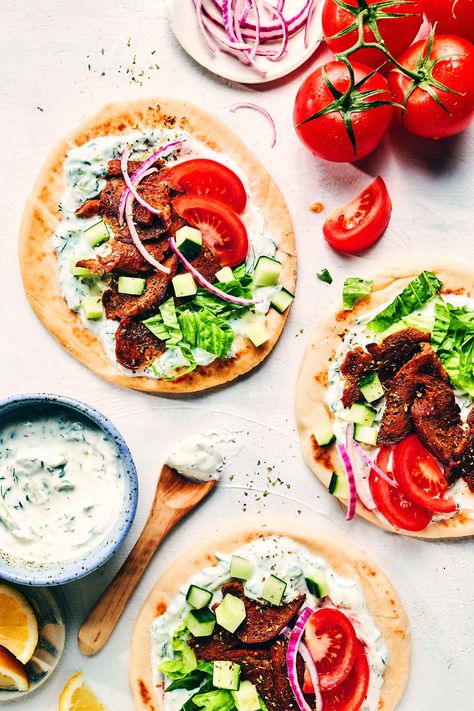 Evergreen Kitchen, Savoury Meals, Homemade Seitan, Greek Gyros, Vegan Greek, Vegan Tzatziki, Baked Falafel, Meat And Vegetables, Tzatziki Sauce