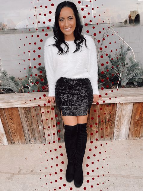 Black Bachelorette Party Outfit Winter, Silver Sequin Skirt Outfit Christmas, Sequin Skirt And Sweater Outfit, Winter Party Skirt With Sequins, Sparkly Skirt And Sweater, Sequin Skirt Outfit Winter, Winter Night Out Sequin Sweater, Black Sequin Skirt Outfit, Glitter Skirt Outfit