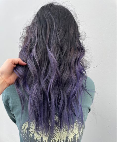 Blue Purple Brown Hair, Purple Blue Highlights Brown Hair, Brown Purple Blue Hair, Blue And Purple Ombre Hair, Faded Purple Hair On Brown, Purple Hair Ombre, Dark Blue To Purple Ombre Hair, Purple And Blue Ends Of Hair, Blue Balayage