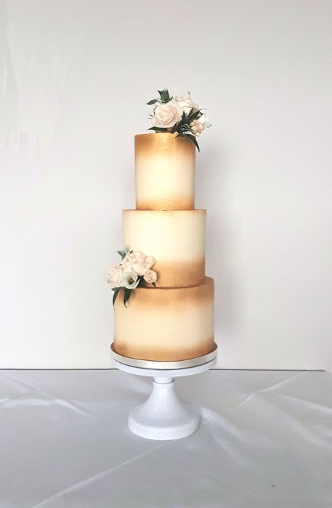 Cream & Gold Buttercream Wedding Cake Wedding Cake Purple Ombre, Wedding Cake Styles, Bee Wedding Cake, Gold Buttercream, Wedding Cake Hydrangea, White Flower Cake Shoppe, Crazy Wedding Cakes, Cake Styles, Cream Wedding Cakes