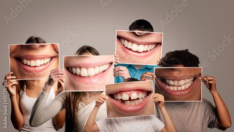 Stock Image: group of happy people holding a picture of a mouth smiling on a gray background Dental Advertising, Dental Videos, Dental Photography, Water Flosser, Dental Procedures, Dental Problems, Dental Services, Cosmetic Dentistry, Electric Toothbrush