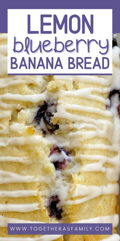 A loaf of lemon blueberry banana bread topped with a simple vanilla glaze. Lemon Blueberry Banana Bread, Lemon Banana Bread, Lemon Banana, Cinnamon Banana Bread, Blueberry Banana Bread, Lemon Blueberry Bread, Banana Bread Muffins, Blueberry Desserts, Blueberry Bread