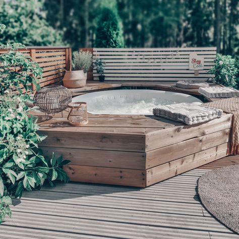 Hot tub decking ideas: pool surrounds to elevate your garden | Ideal Home Hot Tub Decking, Garden Jacuzzi Ideas, Pool Surrounds, Hot Tub Landscaping, Hot Tub Surround, Stone Garden Paths, Decking Ideas, Diy Hot Tub, Garden Seating Area