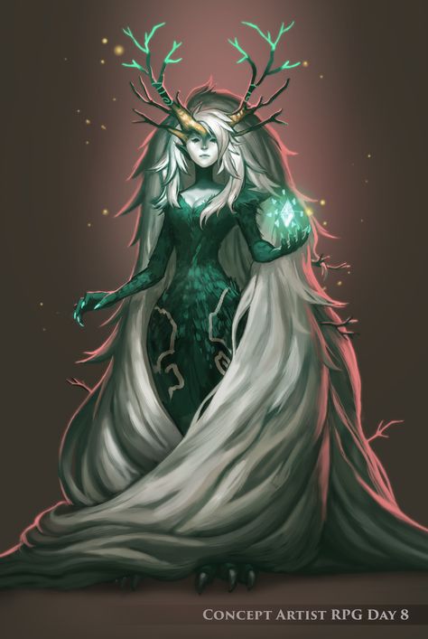 Forest Spirit Concept Art, Archfey Patron Art, Sorceress Armor, Druid Horns, Forest Spirit Character Design, Archfey Dnd, Dnd Archfey, Archfey Patron, Evil Druid