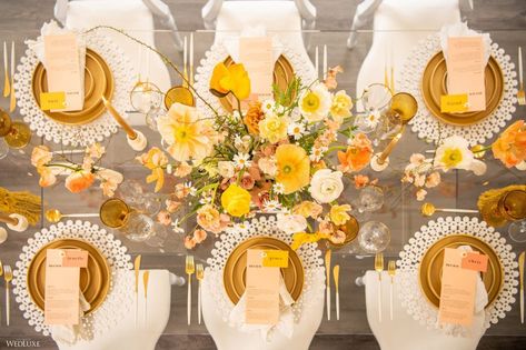 Elegant Orange Wedding Decor, Yellow And Orange Tablescape, Yellow Orange Party Decor, Elegant Yellow Wedding, Peach Festival Ideas, Modern Yellow Wedding, Retro Flower Centerpieces, Golden Yellow Wedding Theme, 70s Wedding Colors