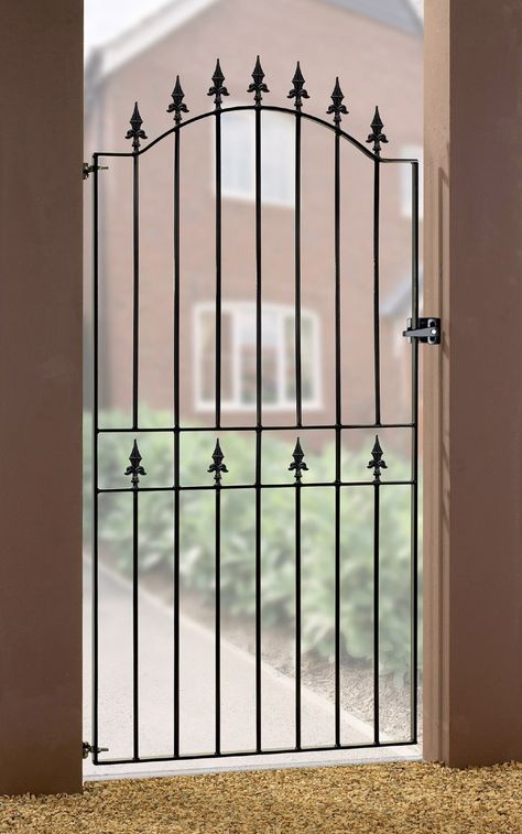 The Weston metal side gate features a zinc plated and powder coated frame to ensure a corrosion resistant finish. Metal Side Gate, Cheap Driveway, Security Door Design, Wrought Iron Gate Designs, Side Gate, Metal Garden Gates, Wood Lamp Design, Steel Security Doors, Grill Gate Design