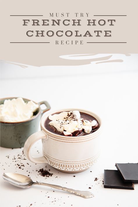 French hot chocolate, also known as Parisian hot chocolate or le chocolat chaud, is rich and decadent hot chocolate, nothing like the hot chocolate we know here in the States. This French hot chocolate recipe is easy to make and makes a delicious treat perfect for chilly winter days and the holiday season! French Hot Cocoa, European Hot Chocolate, Carette Paris Hot Chocolate, Stovetop Hot Chocolate, Parisian Hot Chocolate, Rich Hot Chocolate Recipe, French Hot Chocolate Recipe, Mocha Hot Chocolate, French Hot Chocolate