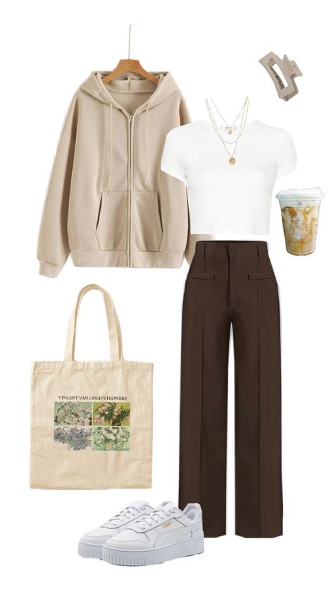 coffee hoodie, white crop tshirt, brown pants, puma white sneakers Casual College Outfit, Coffee Date Outfit, Coffee Date Outfits, College Outfit, Casual College Outfits, Date Outfit, Coffee Date, Date Outfits, College Outfits