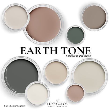 Nature inspired earth tone paint colors. This Sherwin Williams palette comes with coordinating colors that compliment and enhance the beauty of your home. Get instant access to this downloadable paint palette that will assist you with quick and easy color selections for your home. The Color Palette Guide - includes expert advice for paint placement on the main walls, accent walls, trim, cabinets, and ceilings of your home. Provides info on undertones and the LRV (light reflective value) of each color which is an important factor in determining how a color may look in your home under certain lighting conditions, plus actual photos of each paint color in a room. The Color Courage Ebook - Thoughtfully written by me to guide you in creating a cohesive color palette for your home like a pro. Th Earth Tone Mudroom, Vaulted Ceiling Living Room Colors, Accent Trim Color, Mediterranean Color Palette Living Room, Sage Colored Bathroom, Nature Themed Color Palette, Earth Tone Bathroom Colors, Homeschool Room Paint Colors, Living Room Inspiration Paint Colors