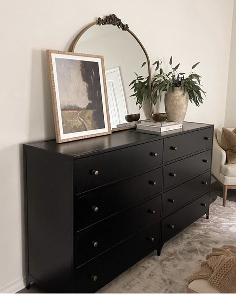 Bedroom Dresser Decor With Tv, Black Dresser Decor, Dresser Decor Bedroom, Instagram Bedroom, Bedroom Details, Black Dresser, Home Bar Rooms, Apartment Vibes, Iced Americano