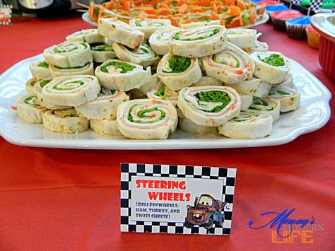 "STEERING WHEELS" - DELI PINWHEELS -- Mommy's Modern Life: How-To: Car-Themed Birthday Party on a Budget Rc Car Themed Birthday, Transportation Birthday Food Ideas, Car Themed Charcuterie Board, Transportation Themed Food, Pixar Cars Food Ideas, Cars Food Ideas, Need Four Speed Birthday Food, Cars Birthday Food Ideas, Cars Theme Food