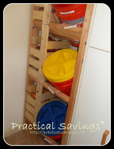 5 Gallon Bucket Shelving, 5 Gallon Bucket Storage Ideas, Bulk Food Storage Ideas, Root Seller, Basement Pantry, Bucket Storage, Bulk Storage, Craft Storage Organization, Homemade Furniture