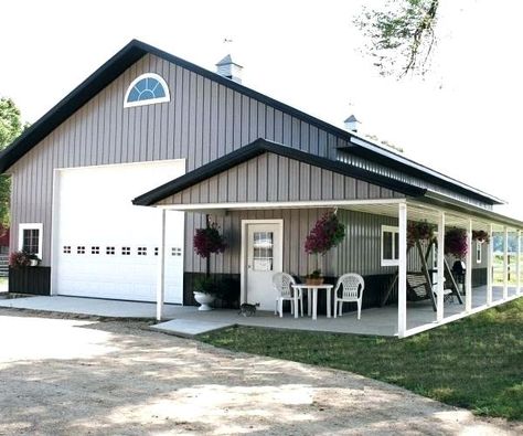 Outdoor landscaping by garage and seating area Metal Shops, Carport Modern, Pole Barn Designs, Pole Barn Garage, Morton Building, Metal Barn Homes, Metal Building Home, Barn Shop, Barn Living