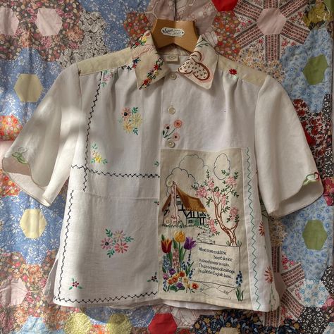 Tablecloth Shirt, Vintage Table Linens, Patchwork Clothes, Cottagecore Shirt, Patchwork Shirt, Upcycle Sewing, Upcycled Fashion, Magnolia Pearl, Cotton Tablecloths