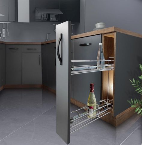 This exceptionally narrow pull-out is perfectly suited for between 15 and 30 cm wide base cabinets. It comes in a space-efficient, partially mounted configuration that occupies only one-third of the space required by similar fittings. This 15 cm wide niche unit is an excellent choice for creating a compact and slender pull-out larder or food storage solution, detergent etc. Detergent Holder, Space Efficient, Cupboard Storage, Base Cabinets, Storage Solution, The Space, New Kitchen, Storage Solutions, Food Storage