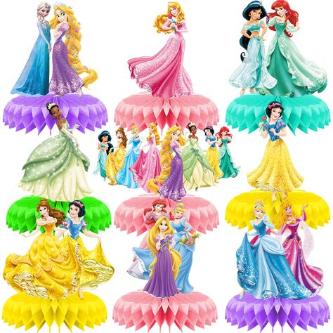 PRICES MAY VARY. Premium Quality Material: Our princess honeycomb centerpieces are crafted from sturdy honeycomb paper and durable cardstock, featuring double-sided digital print for a long-lasting and reliable party decoration experience. Enchanting Princess Theme: This 9-piece set showcases a variety of colorful and well-known princess characters in eye-catching designs, perfect for adding a touch of magic to any party setting. Simple & Time-Saving Assembly: Set up these captivating table deco Cinderella Birthday Party Decorations, Kids Party Centerpieces, Frog Birthday Party, Princess Birthday Decorations, Princess Cupcake Toppers, Princess Birthday Party Decorations, Princess Theme Birthday, Princess Theme Birthday Party, Princess Party Decorations