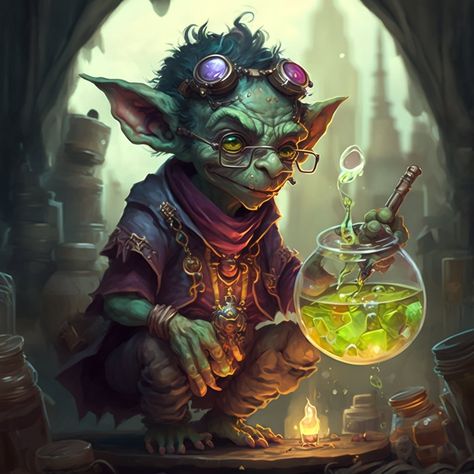 Alchemist Dnd Character, Goblin Alchemist, Goblin Artificer, Dnd Goblin, Dnd City, Dnd Crafts, Goblin Art, Faery Art, Dungeons And Dragons 5e