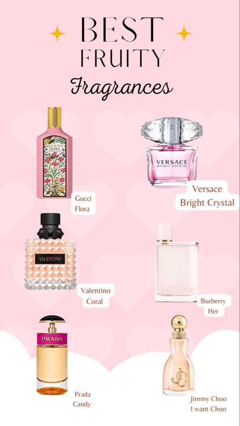 These are some of my favoeite fruity fragrances. Some of these perfumes have a hint of floral. You will love these fruity scents, and so will others around you. These fragrances are perfect for summer, spring, and daytime. Floral Scented Perfume, Soft Sweet Perfume, Spring Perfumes For Women 2023, Fruity Smelling Perfume, Soft Floral Perfume, Sweet Fragrances For Women, Fruity Fragrance For Women, Best Floral Perfume, Fruity Scented Perfume