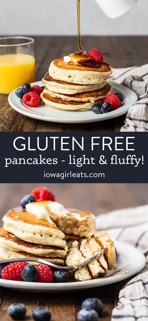 Easy Gluten Free Pancakes are light, fluffy, and made with fridge and pantry staples in minutes. Meet your new, go-to gluten free pancake mix! iowagirleats.com vegan pancakes, dairy free pancakes, gluten free breakfast recipes, gluten free brunch recipes, gf pancakes Gluten Free Flour Pancakes, Gluten Free Pancake Mix Recipe, Breakfast Recipes Gluten Free, Pancakes Dairy Free, Gluten Free Pancakes Easy, Gluten Free Protein Pancakes, Fluffy Gluten Free Pancakes, Gf Pancakes, Gluten Free Brunch Recipes