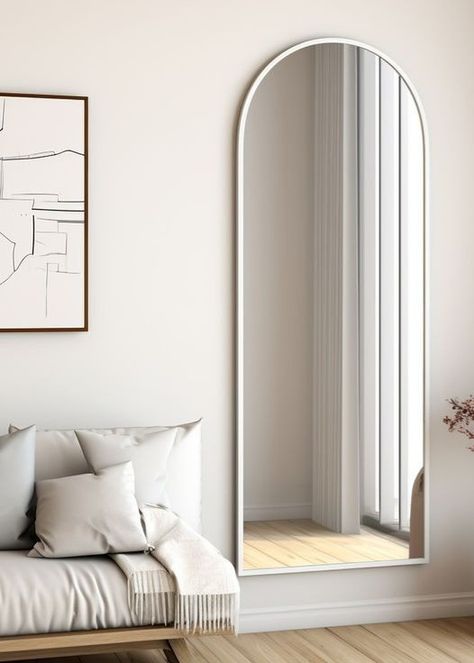 Leaning Round Mirror, Minimalist Mirror Corner, Full Length Mirror Curved Top, Full Mirror Bedroom Wall, Desk And Full Length Mirror, White Minimalist Bedroom Mirror, Full Length Lean Mirror, Simple Mirrors For Bedroom, Long Mirror Corner Bedroom