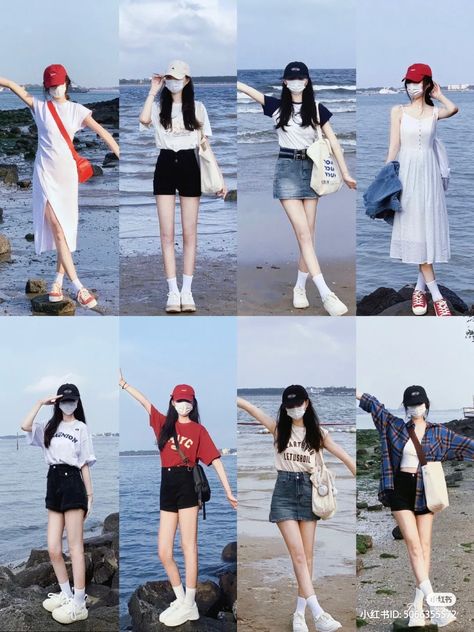 Summer K Pop Outfits, Aesthetic Beach Outfits Korean, Summer In Korea Outfits, Cute Korean Outfits Summer, Taiwan Outfit Summer, Summer Outfits Aesthetic Korean, Summer Outfits Korean Style, Summer Outfit Korean Style, Ootd For Beach