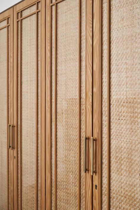 Jute cane sandwiched in glass giving a very raw textured yet sofasticated look Fabric Sandwiched Glass Wardrobe, Jute Wardrobe Doors, Veneer Finish Wardrobe, Rattan Built In Wardrobe, Cane Wardrobe Shutter, Sandwich Glass Wardrobe, Cane Wardrobe Doors, Cane Wardrobe Design, Jute Wardrobe