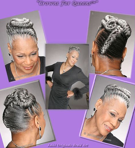 Upper Right Enlargement | Jakki Originals Braid Art Braid Art, Black Women Updo Hairstyles, Grey Hair Braids, Braided Bun Styles, Goddess Braid Styles, California Bay Area, Black Hair Updo Hairstyles, Grey Hair Inspiration, Goddess Braids Hairstyles