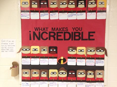 The Incredibles interactive bulletin board #reslife #Disney/Pixar Disney Bulletin Boards, Disney Themed Classroom, Superhero Classroom Theme, Disney Classroom, Superhero Classroom, Super Hero Theme, Class Theme, Bulletin Board Ideas, Door Decorations Classroom