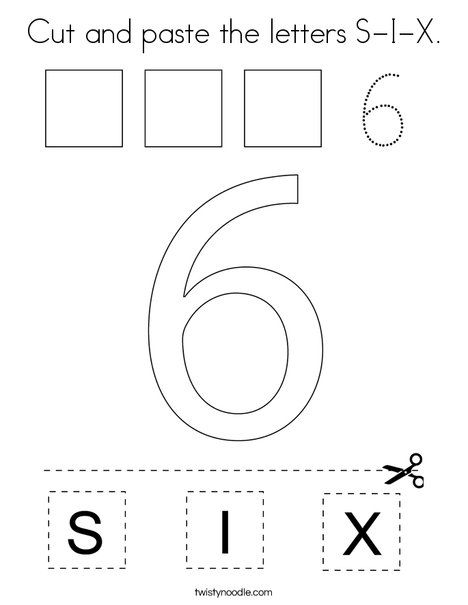 Cut and paste the letters S-I-X Coloring Page - Twisty Noodle Number 6 For Preschool, Number 6 Coloring Page, Number 6 Crafts For Preschoolers, Preschool Numbers, Preschool Number Worksheets, Letters S, English Grammar For Kids, Kindergarten Songs, Twisty Noodle