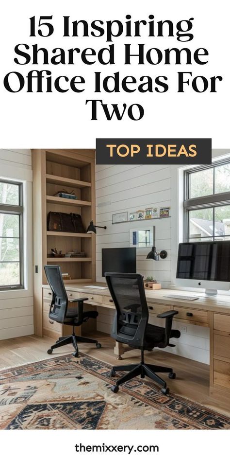 Explore innovative home office ideas for two people to create a productive workspace. Design a functional setup with two desks, computers, and bookshelves for optimal organization. Discover inspiring IKEA home office ideas tailored for couples sharing workspaces. Transform your space with creative solutions for dual productivity in mind. Couples Office Space Home, Office Set Up Ideas Layout, Office Ideas For Two People, Couple Home Office, Office For Two People Layout, Double Office Ideas Layout, Home Office 2 Desks, Office With Two Desks, Home Office For Two People