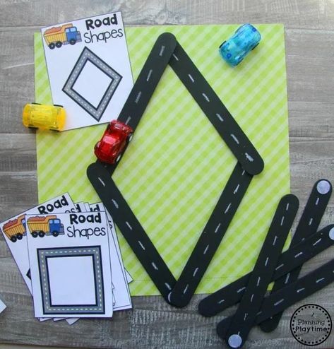 Preschool Transportation Unit Shapes - Giant Craft Stick Roads #preschool #transportationunit #planningplaytime Construction Transportation Preschool, Building Roads Preschool, Transportation Table Top Activities, Transportation Math Preschool, Vechiles Preschool Craft, Transportation Snacks For Preschool, Adventure Crafts For Preschool, Roads Creative Curriculum, Transportation Unit Preschool