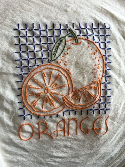 Orange Embroidery, T-shirt Broderie, Cute Embroidery, 자수 디자인, Orange Fruit, Blue And Orange, Embroidery Inspiration, Embroidery And Stitching, Embroidery Projects