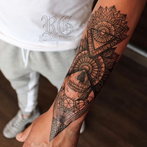 Instagram: @ricogarilli | #mandala #geometric #sacredgeometry #hand #wrist #arm #forearm #dotwork #skull #patternwork #dotwork #fineline #detail #tattoo #black | By Rico Garilli | Jul 18th 2018 | 607472 Mandala Arm Tattoos, Full Hand Tattoo, Outer Forearm Tattoo, Mandala Hand Tattoos, Mandala Tattoo Sleeve, Skull Hand Tattoo, Geometric Mandala Tattoo, Linework Tattoo, Man Tattoo