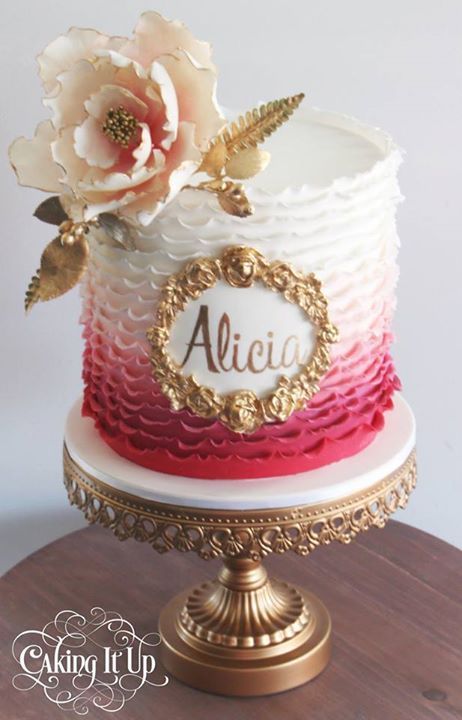 Pretty Pink Ombre Ruffled Cake with Gold Accents and Beautiful Sugar Flower Cake With Gold Accents, Ombre Ruffle Cake, Ruffled Cake, Cake With Gold, Mini Torte, Red Cake, Ruffle Cake, Cakes For Women, Gorgeous Cakes