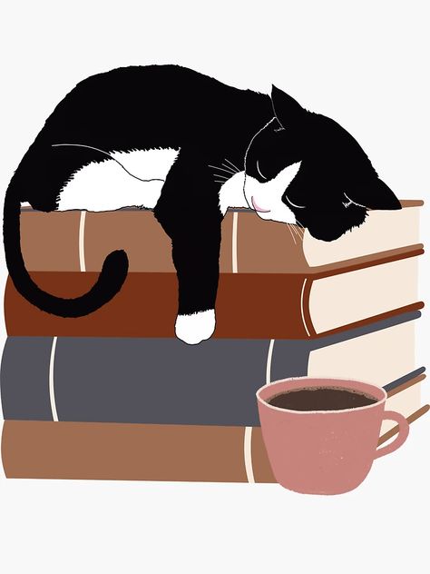 "Cat sleeping on books" Sticker for Sale by BookishSpace1 | Redbubble Cat Sleeping On Books Drawing, Sleeping Cats Illustration, Cat Sitting Illustration, Sleeping Cat Cartoon, Cat Sleeping Drawing, Funny Cat Sleeping, Sleeping Cat Illustration, Cat Sleeping On Books, Bookshelf Painting