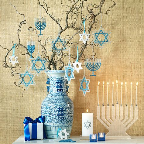 Hanukkah decor - blue white vase                                                                                                                                                                                 Mais Hanukkah Ornaments, Hannukah Decorations, Hanukkah Bush, Diy Hanukkah, Hanukkah Lights, Jewish Crafts, Hanukkah Crafts, Jewish Celebrations, Chanukah Party